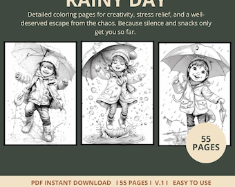 Kleurplaten Rainy Day, 55 printbare ontwerpen voor paraplu, plas en regen
