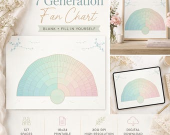 Custom 7 Generation Family Tree Fan Chart, Personalized Genealogy Printable