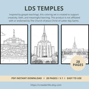 May include: A coloring set titled "LDS Temples" featuring line drawings of temples. The set includes 28 pages and is available as a PDF instant download. The text on the image states it is inspired by gospel teachings.