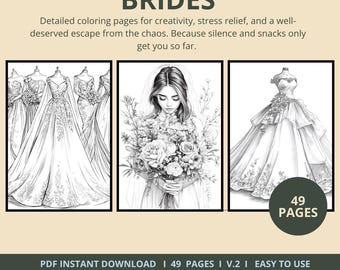 Bride Coloring Pages | 77 Pages | Wedding, Love , Dresses | Digital Download | Printable PDF | V.2