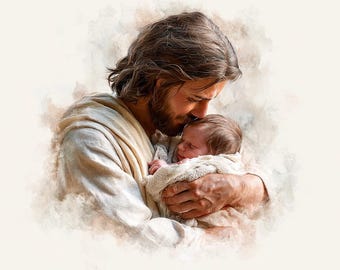 Christ with Newborn Baby Watercolor Print, Christian Nursery Wall Art, Design 34