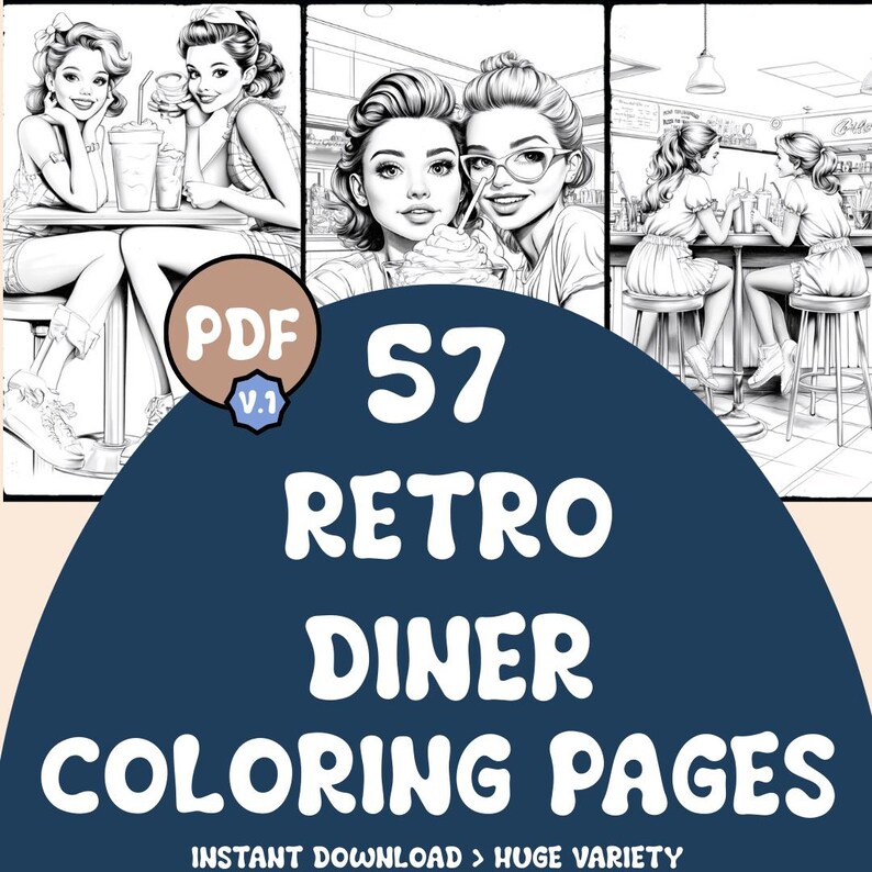 Retro Diner Coloring Pages | 57 Pages | Milkshake, Hairdo | Digital ...
