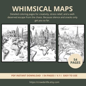 Whimsical Map Coloring Pages | 54 Pages | Unique, Land | Digital Download | Printable PDF | V.1