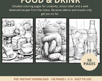 Food and Drink Coloring Pages | 58 Pages | Snacks | Digital Download | Printable PDF | V.1