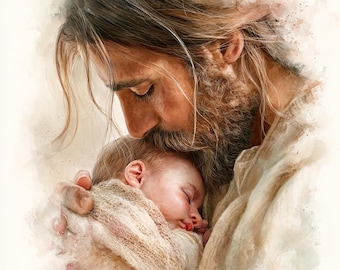 Christ with Newborn Baby Watercolor Print, Christian Nursery Wall Art, Design 36