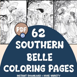 Southern Belle Coloring Pages | 62 Pages | Umbrella, Dresses | Digital Download | Printable PDF | V.1