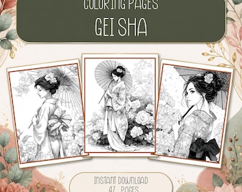 Geisha Coloring Pages Printable Japanese Art Adult Coloring Book Digital Download