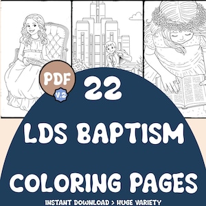 Könnte beinhalten: Eine digitale Download-Grafik mit 22 LDS-Tauf-Malvorlagen. Das Bild enthält Strichzeichnungen von Kindern, Gebäuden und den Text "LDS Baptism Coloring Pages" und "Instant Download > Huge Variety".