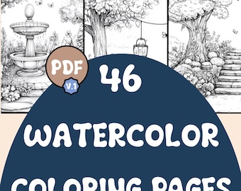 Dibujos para colorear en acuarela / 46 páginas / Paisajes / Descarga digital / PDF imprimible / V.1