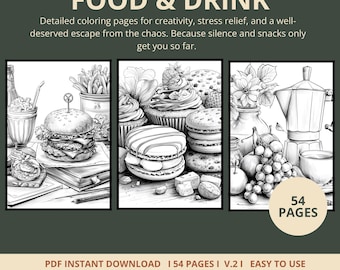 Food & Drink Coloring Pages | 54 Pages | Chef, Cooking | Digital Download | Printable PDF | V.2
