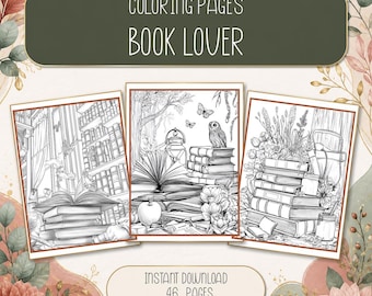 May include: A digital collection of coloring pages titled COLORING PAGES BOOK LOVER with 46 pages. Three rectangular frames display black and white line art illustrations of stacks of books, an owl, flowers, and a lantern. Text reads INSTANT DOWNLOAD 46 PAGES.