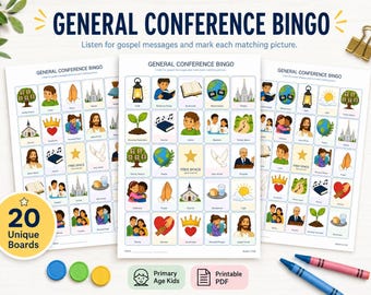 LDS General Conference Bingo for Kids, 20 Unique Primary Boards, Printable Church Quiet Activity