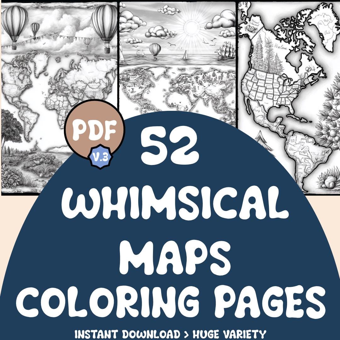 Unique Map Colouring Whimsical Map Coloring Pages | 52 Pages | Unique, Land | Digital ...