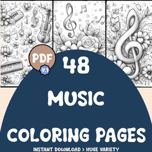 Music Coloring Pages | 48 Pages | Treble, Strings, Piano | Digital Download | Printable PDF | V.1