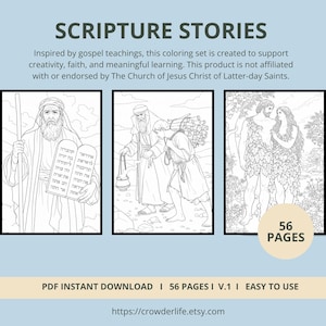Peut inclure: Un ensemble de coloriage de 56 pages intitulé SCRIPTURE STORIES présentant des illustrations au trait noir et blanc de personnages bibliques, dont une personne tenant des tablettes de pierre, une portant du bois et deux dans un jardin.