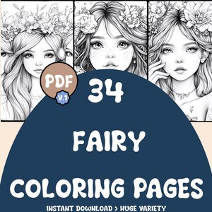 Desenhos de fadas para colorir | 34 páginas | Duende, Fantasia | Download digital | PDF para imprimir | V.1