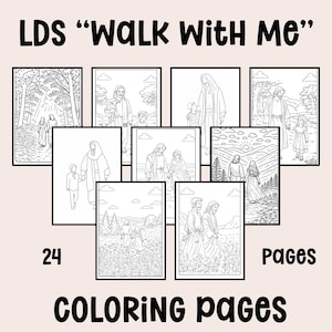 Op de afbeelding: Een verzameling van 24 kleurplaten met de tekst "LDS 'Walk With Me'" en "Coloring Pages". De pagina's bevatten lijntekeningen van religieuze figuren in verschillende scènes, waaronder wandelen met anderen en in de natuur.