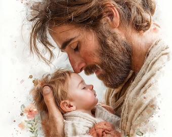 Christ with Newborn Baby Watercolor Print, Christian Nursery Wall Art, Design 32