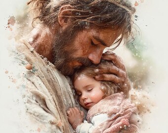 Christ with Newborn Baby Watercolor Print, Christian Nursery Wall Art, Design 33