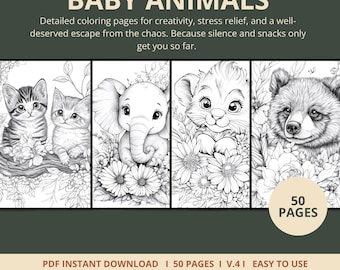 Baby Animal Coloring Pages | 50 Pages | Little, Safari | Digital Download | Printable PDF | V.4