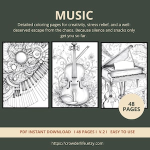 Coloriages de musique | 48 pages | Piano, musiciens, instruments | Téléchargement numérique | PDF imprimable | V.2