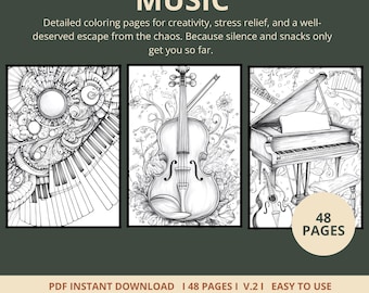 Music Coloring Pages, 48 Printable Piano, Instrument and Musician Designs