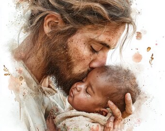 Christ with Newborn Baby Watercolor Print, Christian Nursery Wall Art, Design 35