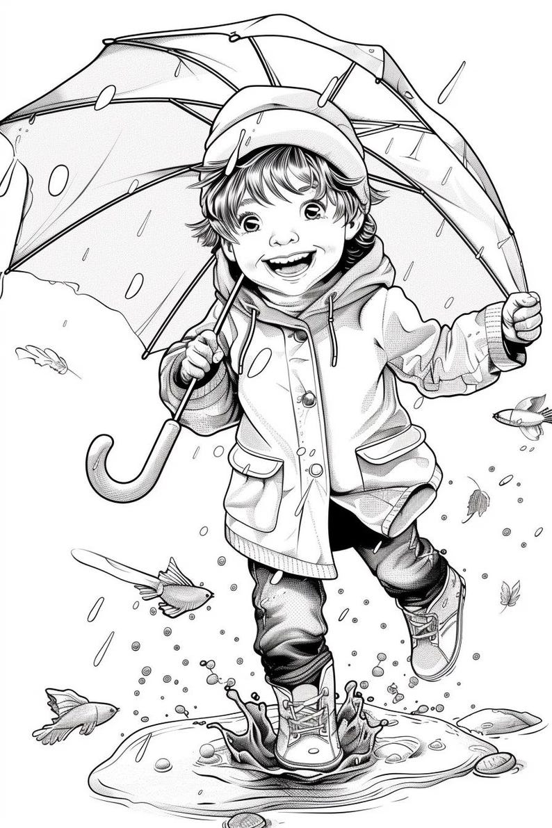 45+ Rainy Day Coloring Sheets | Kids Playing in the Rain | Stress Relief for Adults and Kids | Rainy Day Activities | Digital Download