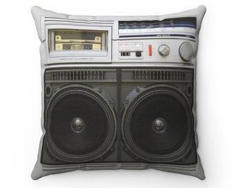 Retro 80s Boom Box Square Pillow, Old school cassette tape deck, Turn dial knob radio,