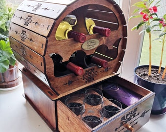 Laser/CNC Barrel Design File Download 4 bottle Wine Rack with Sub Drawer, Downloadable File, 4 Formats - NOW With Wood Texture Bonus File