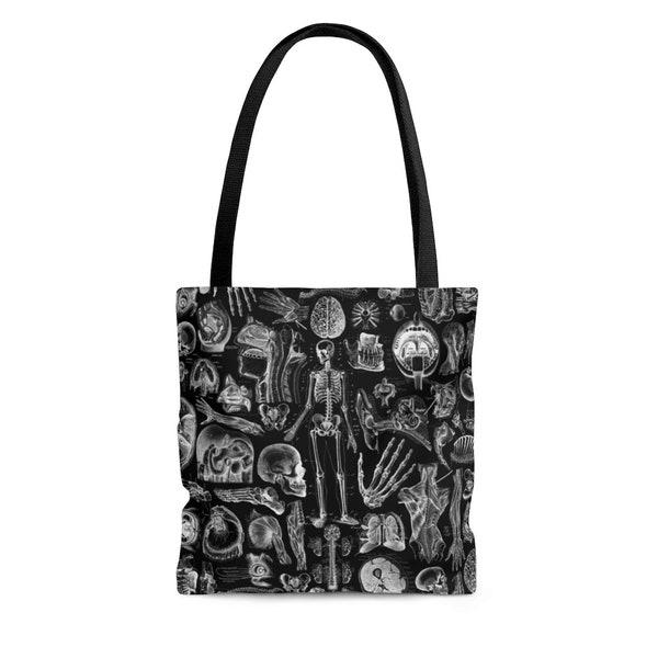 Human Anatomy Printed White on Black Tote Bag