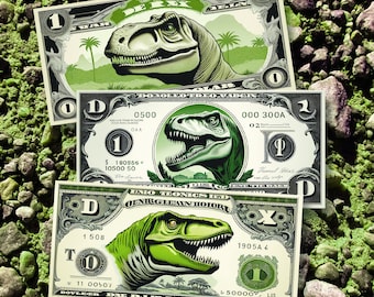 Dino Bucks Funny Money - Dinosaur Print-and-Cut Play Money, Birthday party Theme Accessory, Gift Bag Item