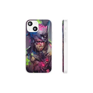 Könnte beinhalten: Weiße iPhone-Hülle mit einem bunten Grafikdruck von Batmans Gesicht. Die Grafik ist ein stilisiertes, abstraktes Design mit Spritzern in Pink, Grün und Blau.