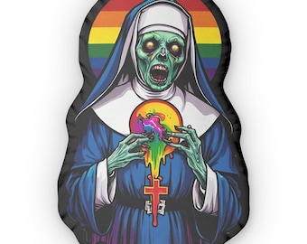 Creepy Zombie Nun Pillow, Custom Shaped Cushion for Halloween Decor, Colorful Gothic Accent, Unique Dorm Room Gift, Scary Horror Room Decor,