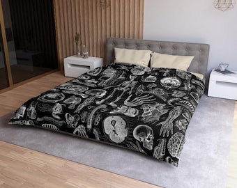Gothic Microfiber Duvet Cover, Human Anatomy Print Bedding, Black and White Comforter Set, Unique Gothic Home Decor, Halloween Bedding,