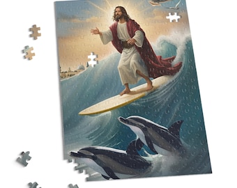 Surf's Up Jesus - Family Friendly Puzzle - Three Sizes - Gamer Fans, Fun Religious Gift, Holiday Gift idea