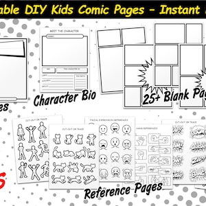 Könnte beinhalten: Eine Sammlung druckbarer DIY-Comicseiten für Kinder. Das Bild zeigt Titelseiten, Charakterbiografien, leere Seiten und Referenzseiten mit Ausschnittvorlagen und Anleitungen für Gesichtsausdrücke. Der Text "Early Access" ist sichtbar.