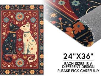 Vintage Cat Area Rug, Bohemian Home Decor, Cat Lovers Gift, Floral Pattern Floor Mat, Cozy Living Room Accent