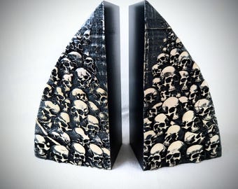 Solid Wood black Gothic Skull pile Bookends, One of a Kind, Hand Crafted Set,