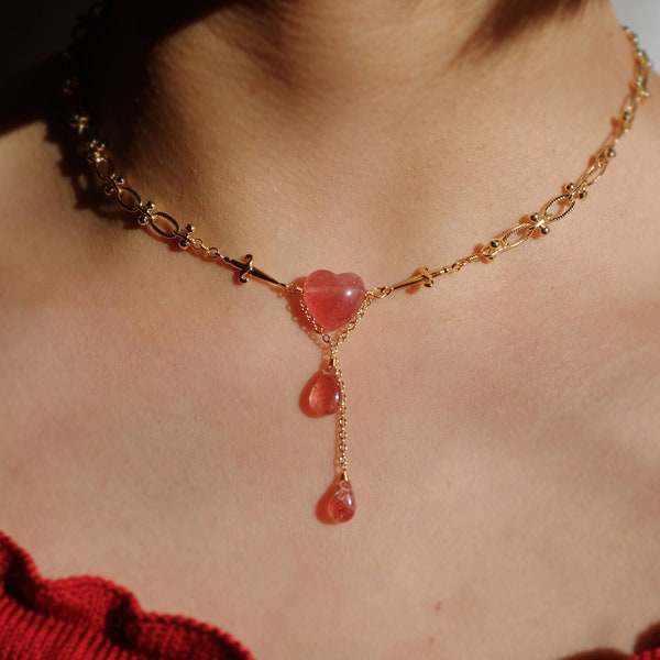 Collier ras de cou réglable avec grenat et cœur saignant / Rupture du divorce, cadeau de la Saint-Valentin pour vous-même / Pierre de naissance de janvier