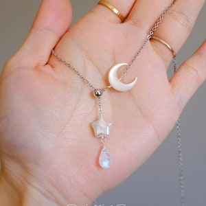 Moon and Star Necklace with Moonstone, Freshwater Pearl Celestial Jewley Gift for Her
