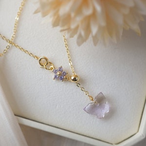 Adjustable amethyst crystal butterfly gemstone necklace/ Purple zircon flower necklace/ 14k gold filled/ Birthday gift/ Gemstone gift