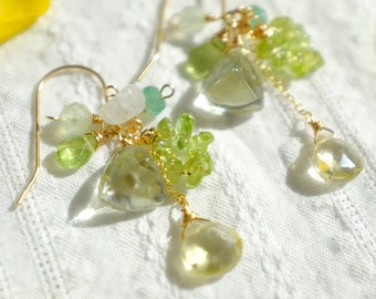 Spring time lime/ Green multiple gemstones & 14k gold filled dangle earrings/ Floral jewelry / Sparkling green earrings/ Gift for her