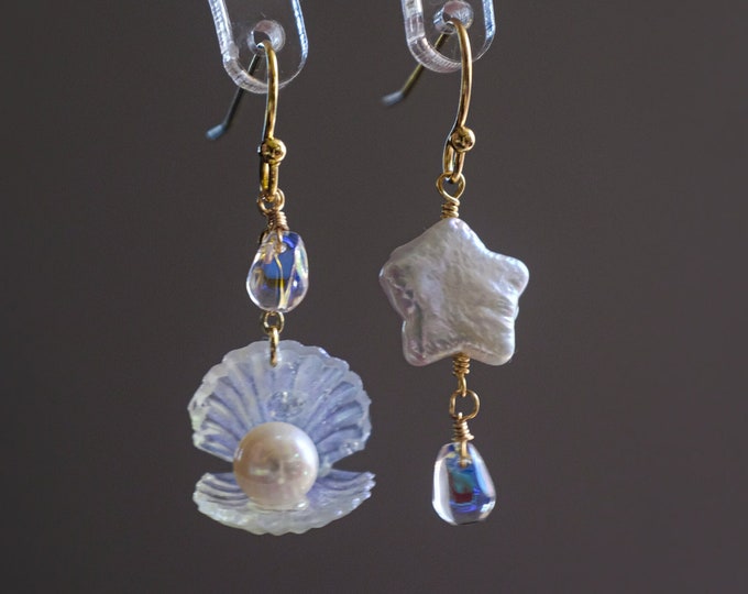 Star Pearl and Seashell Dangle Earrings with Water Droplets Accents Ocean Inspired Jewelry for Gift or Wedding