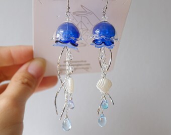 Whimsical Jellyfish Glass Earrings with Crystal Water Droplets Shells and Long Silver Chain Ocean Inspired Jewelry