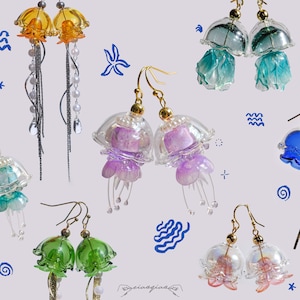 Quallen-Glasohrringe mit bunten, durchscheinenden Farbtönen und Wassertropfen, Perlenakzente, Schmuck, Meeresozean-inspiriertes Geschenk in verschiedenen Stilen