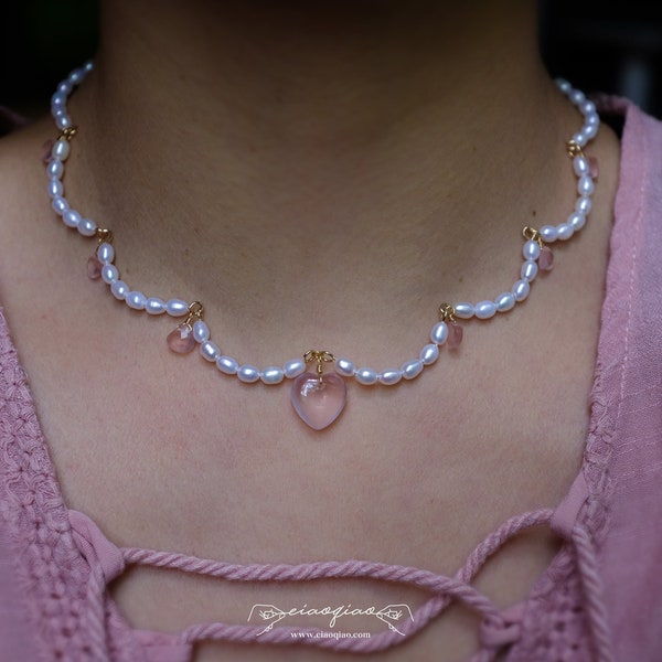 Romantic Pearl Necklace with Gemstone Crystal Heart Jewelry Gift for Her