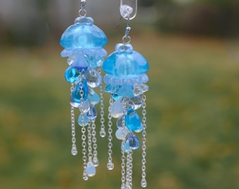Ocean Blue Jellyfish Long Dangle Earrings With Water Drops and Silver Chains