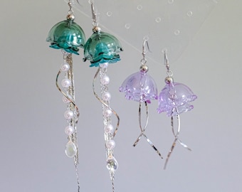 Jellyfish Dangle Earrings Hand-Blown Glass Jewelry in Gold or Silver Gift for Friend