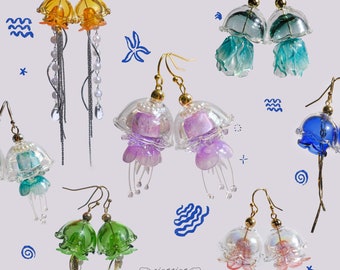 Jellyfish Glass Earrings with Colorful Translucent Hues and Water Droplets Pearl Accents Jewelry Marine Ocean Inspired Gift in Multi Styles